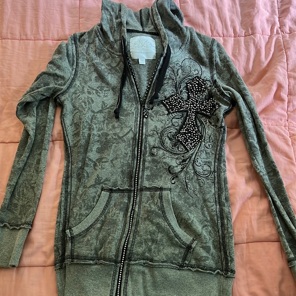 Light weight gray full zip hoodie with beautiful design and rhinestones